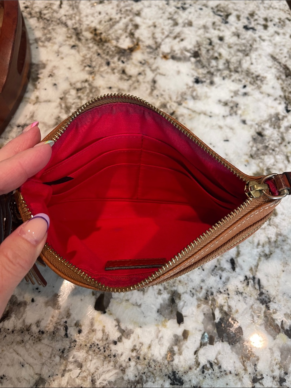 Dooney & Bourke Cognac Pebbled Leather Wristlet with Tassels - Picture 5 of 9